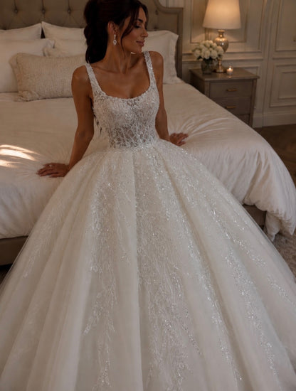 Beaded Lace Ball Gown Wedding Dress with Scoop Neck