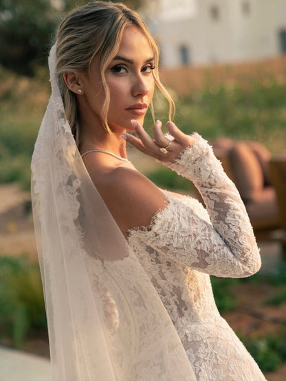 Off-the-Shoulder Long Sleeve Lace Wedding Dress