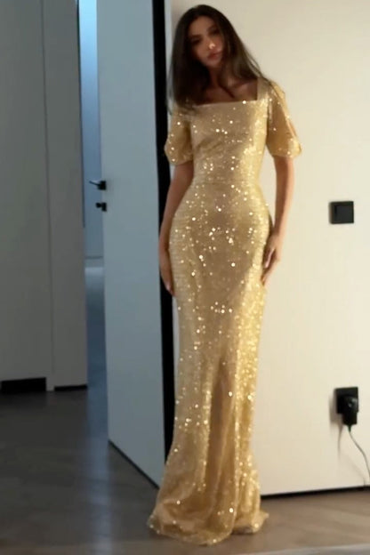 Square Neck Sequin Short Sleeve Maxi Gown
