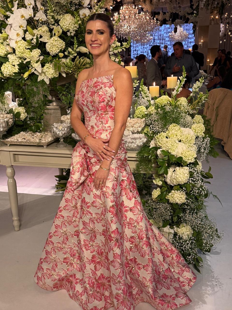 One-Shoulder Floral Brocade Evening Gown