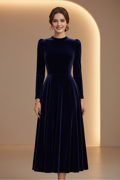 Velvet Long Sleeve A-Line Midi Dress