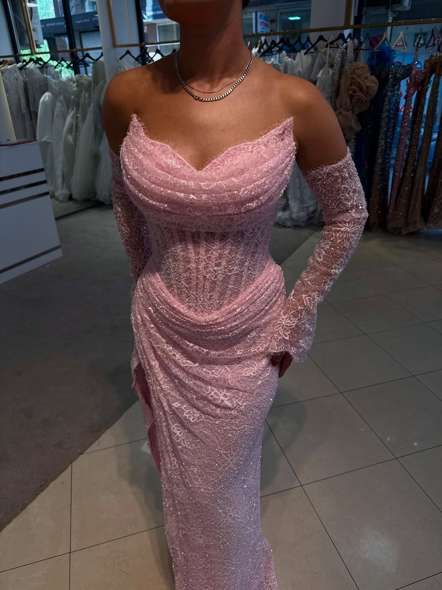 Corset Lace Gown with Cowl Neck & Long Sleeves