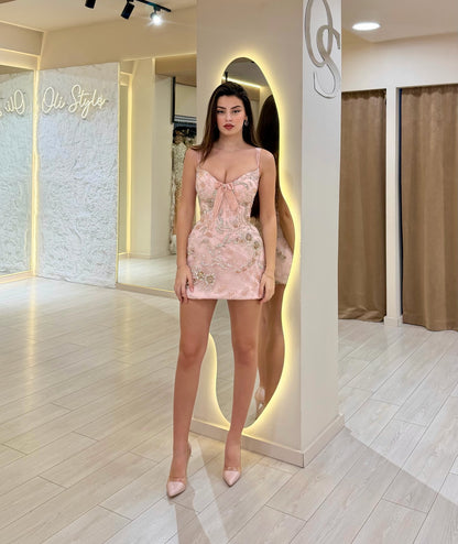 Crystal Beaded Corset Mini Dress with Bow