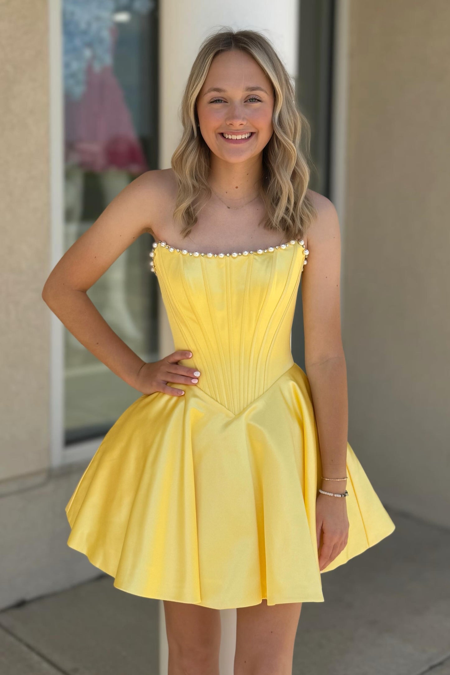 Strapless Pearl-Trimmed Corset Satin Mini Dress