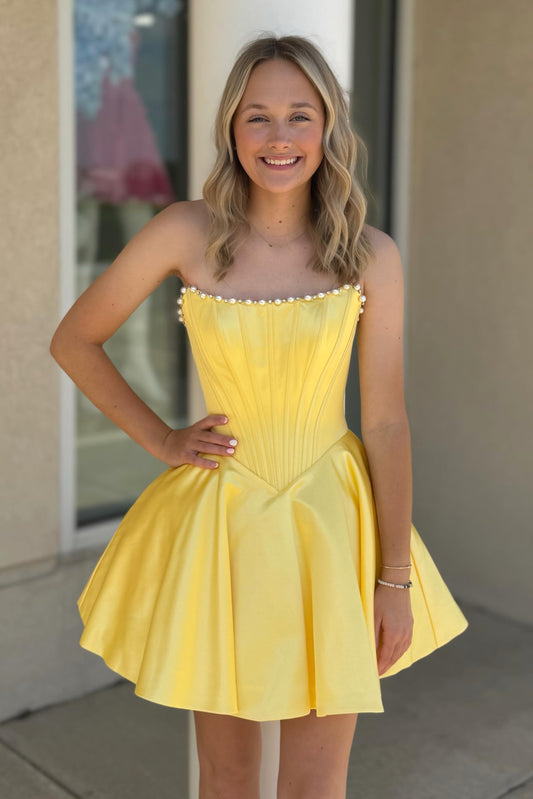 Strapless Pearl-Trimmed Corset Satin Mini Dress