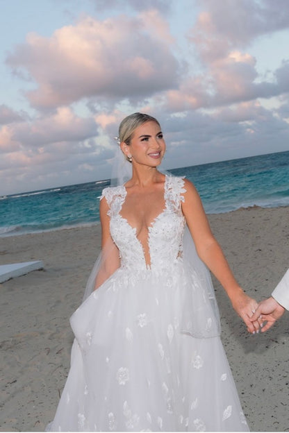 Plunging V-Neck A-Line Lace Wedding Dress