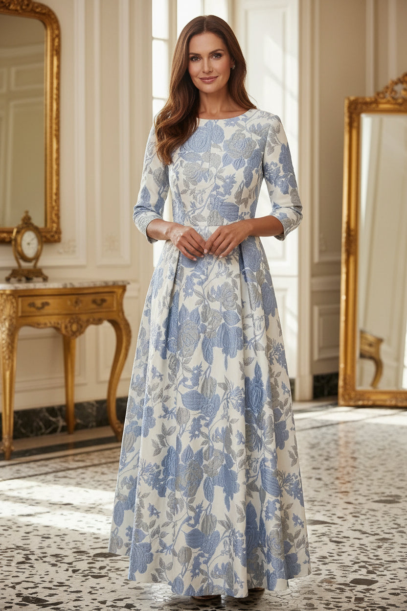 Floral Jacquard A-Line Maxi Dress with 3/4 Sleeves