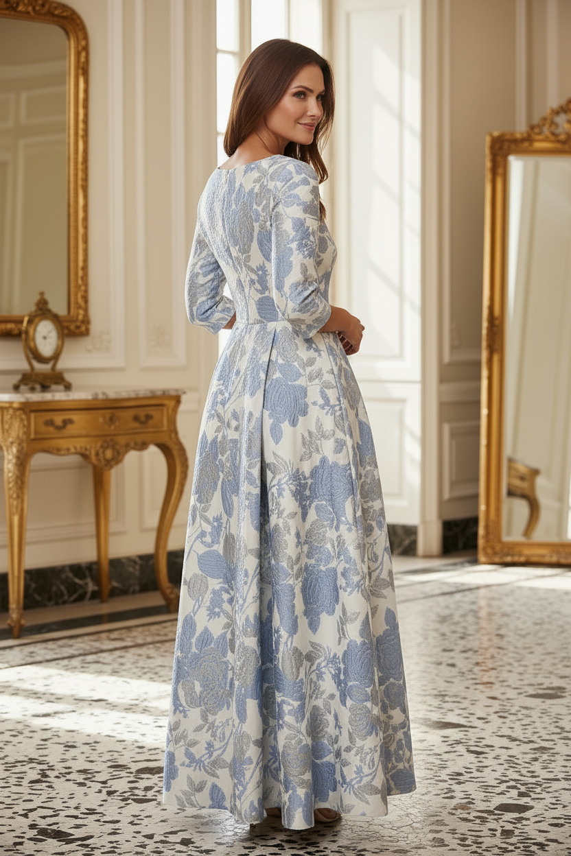Floral Jacquard A-Line Maxi Dress with 3/4 Sleeves