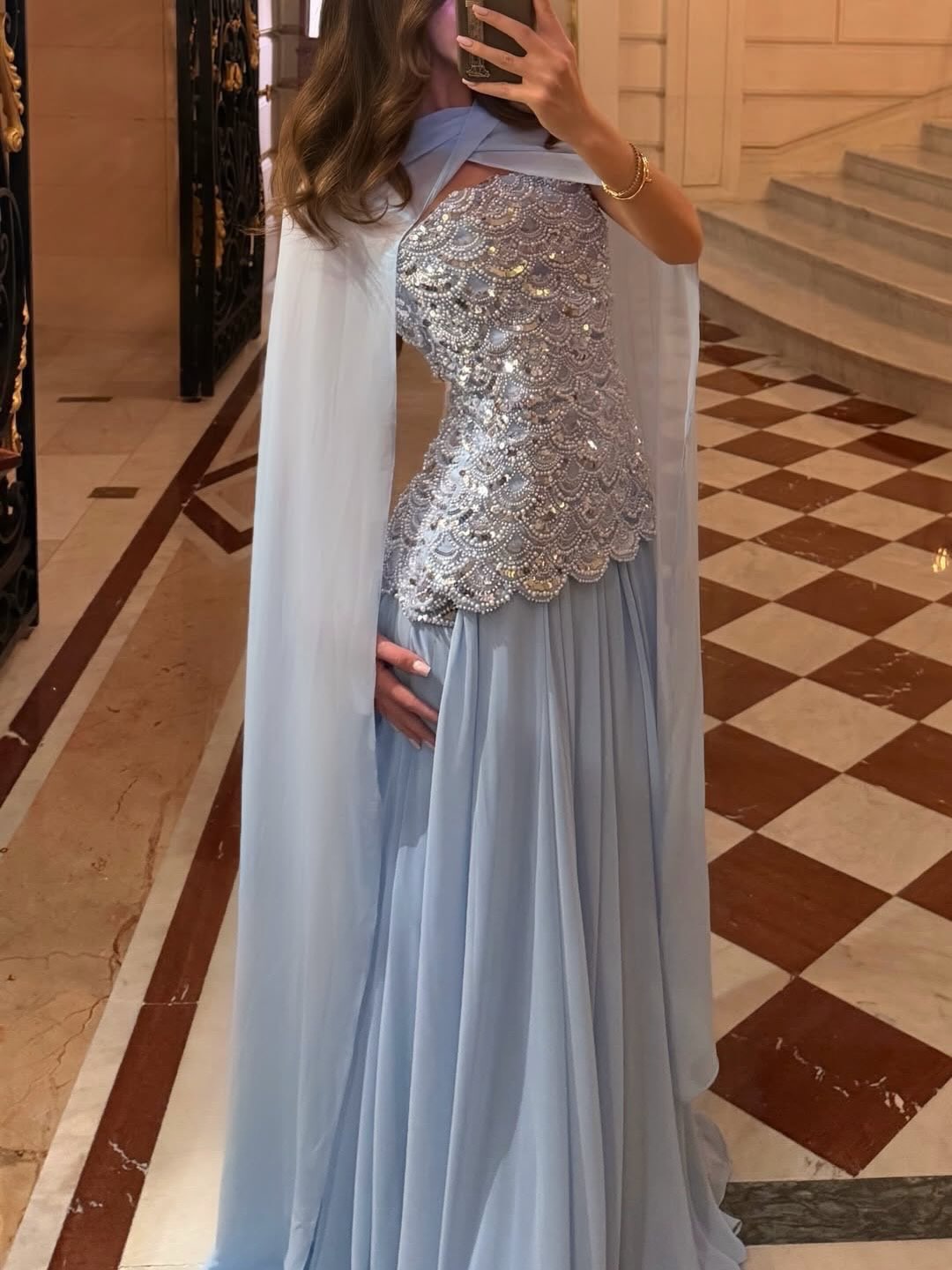 Sequin Scallop Bodice Cape Evening Gown