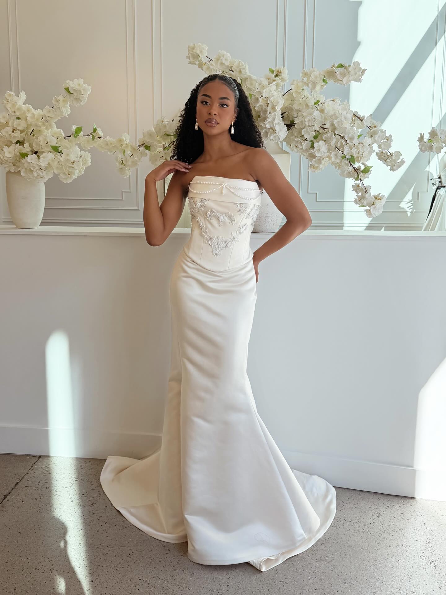 Strapless Pearl Beaded Corset Satin Gown