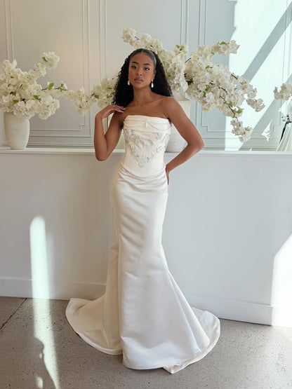 Strapless Pearl Beaded Corset Satin Gown