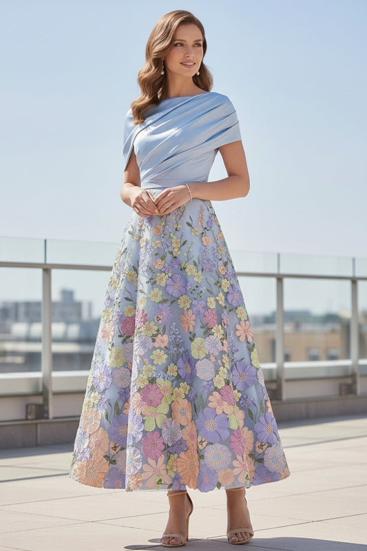 Elegant Light Blue Draped Bodice A-Line Tea-Length Mother of the Bride Dress with Floral Appliqué Skirt