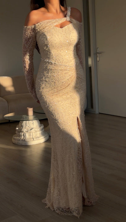 Pearl-Strap Lace Long Sleeve Evening Gown