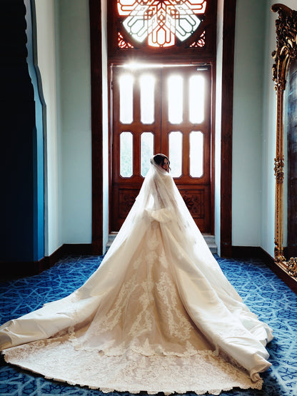 Beaded Lace Illusion Sheath Gown with Overskirt