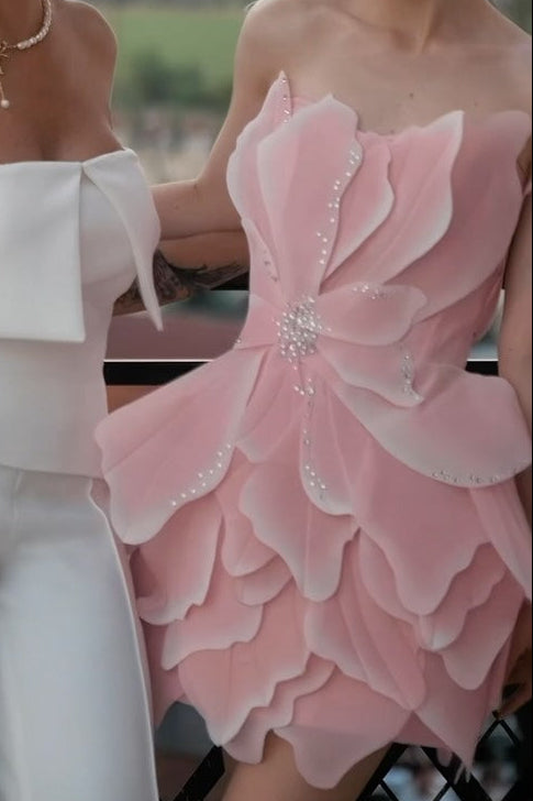 3D Floral Petal Strapless Mini Party Dress