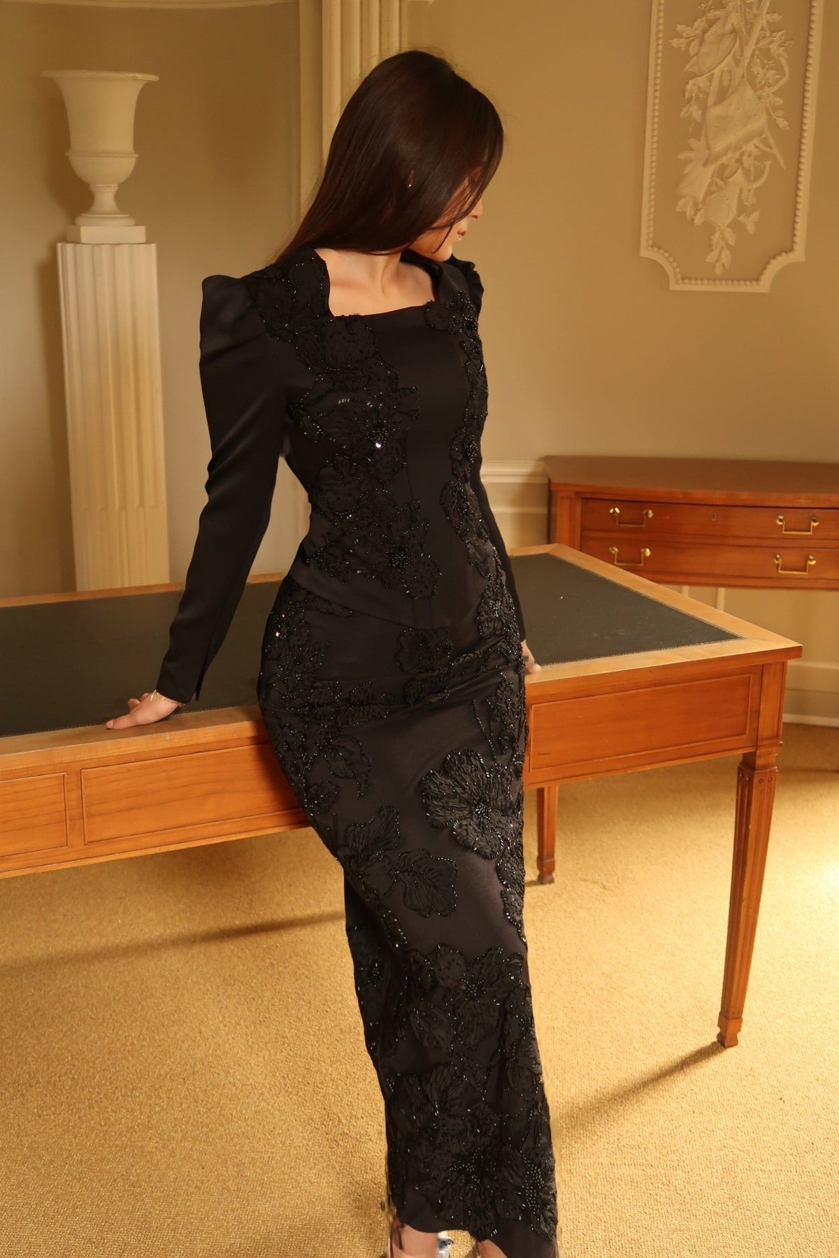 3D Floral Long Sleeve Satin Column Evening Gown
