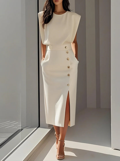 Padded Shoulder Button Slit Midi Dress