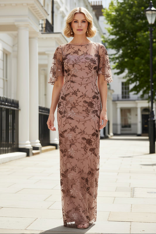 Floral Embroidered Sequin Mesh Evening Gown