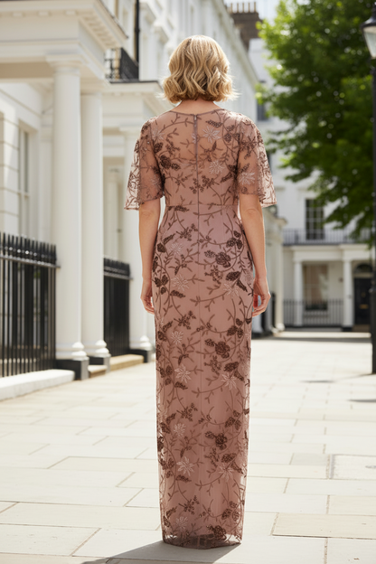 Floral Embroidered Sequin Mesh Evening Gown