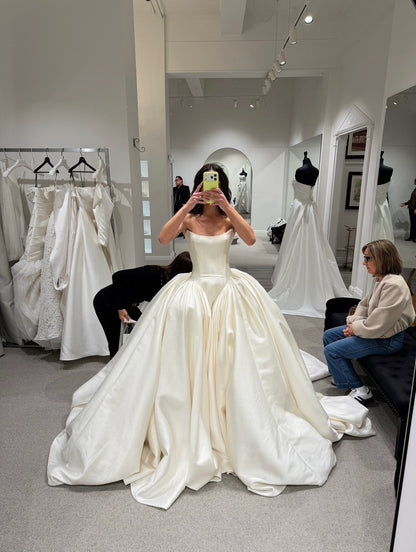 Strapless Ball Gown with Pleated Skirt & Lace Veil