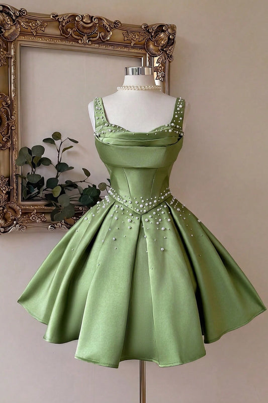 Pearl-Embellished Satin A-Line Mini Dress