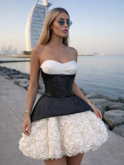Strapless Corset 3D Flower Bubble Mini Dress