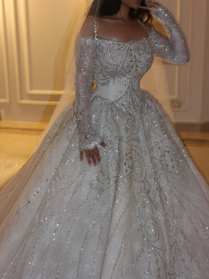 Beaded Ball Gown Wedding Dress with Long Sleeves