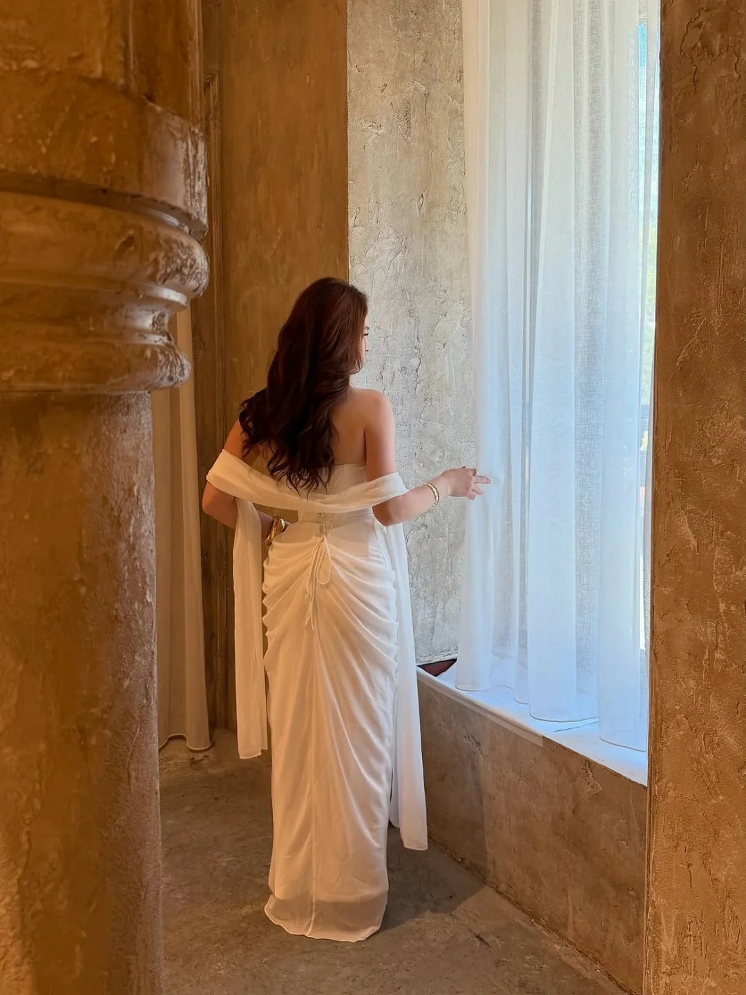 Strapless Ruched Maxi Dress with High Slit and Shawl
