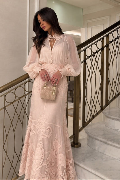 Embroidered Lace Maxi Dress with Sheer Long Sleeves