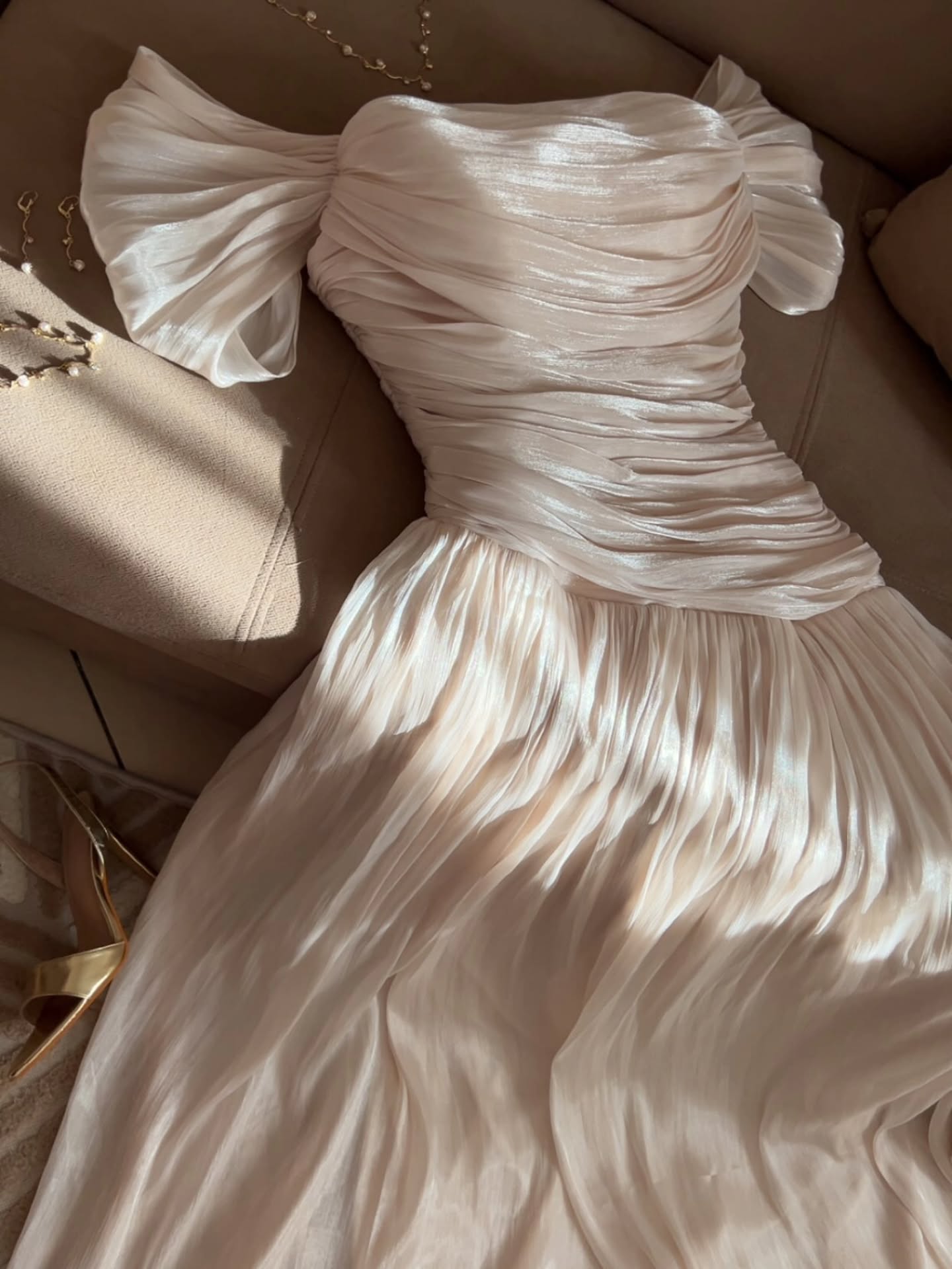 Ruched Off-the-Shoulder Pleated Maxi Gown