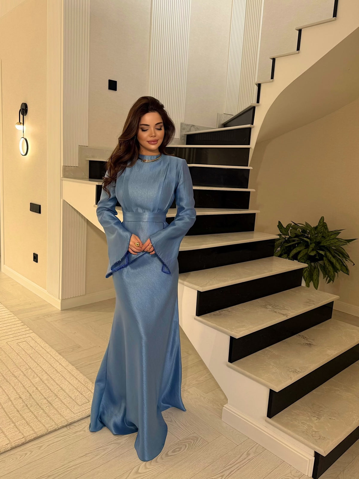 Floor-Length Evening Gown with Asymmetric Peplum
