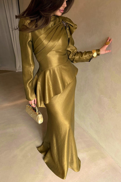 Pleated Peplum Long Sleeve Formal Evening Gown