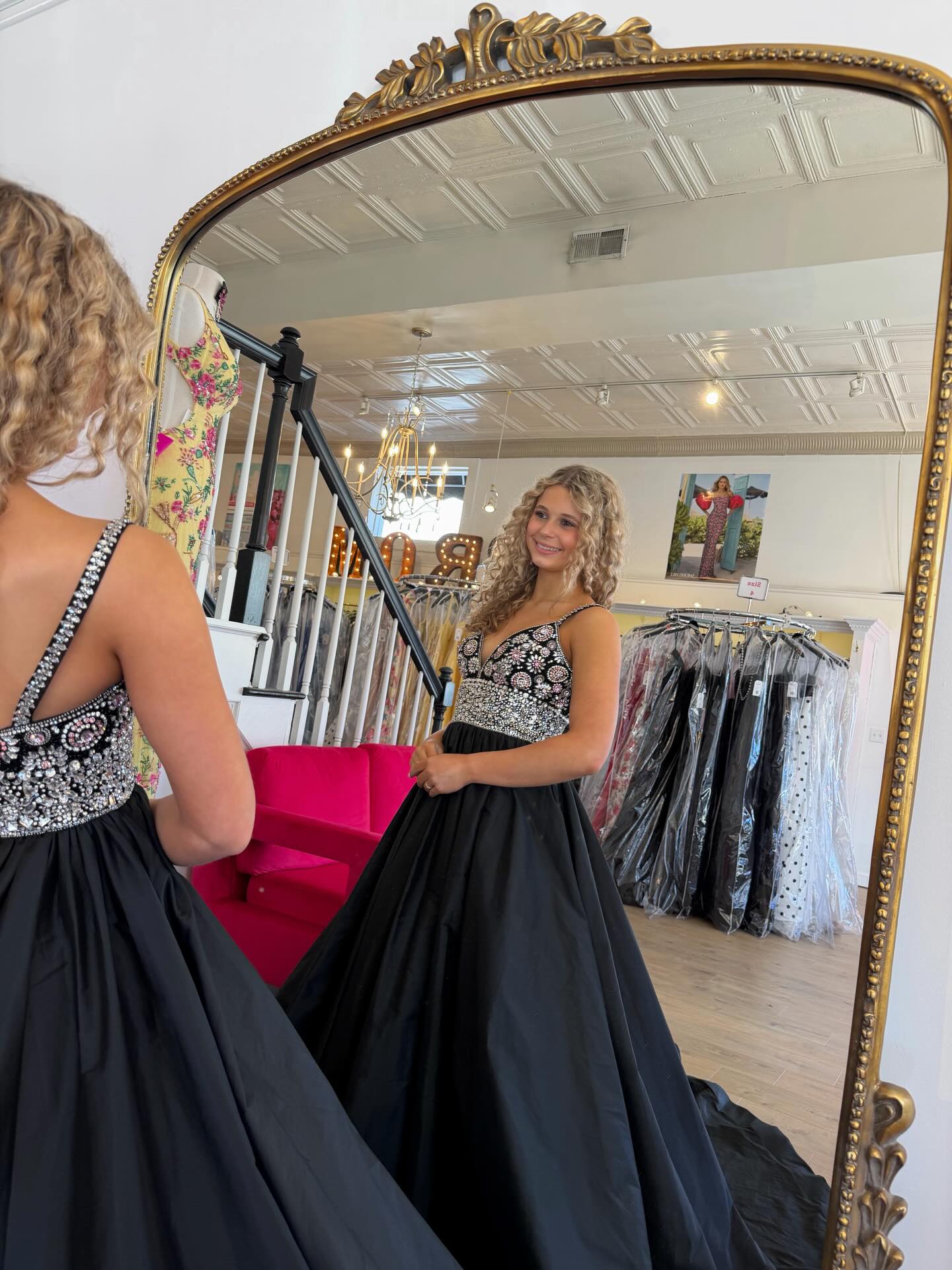 Beaded Bodice Ball Gown with High Slit and Train