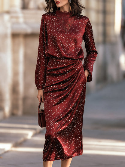 Polka Dot Satin Midi Dress with Ruched Side Draping