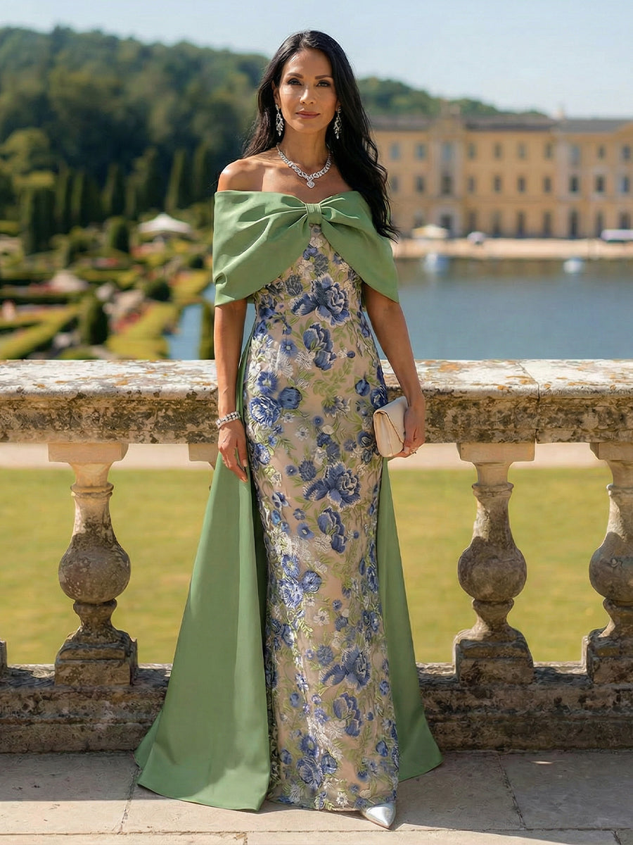 Off-the-Shoulder Floral Embroidered Column Gown