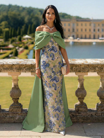 Off-the-Shoulder Floral Embroidered Column Gown