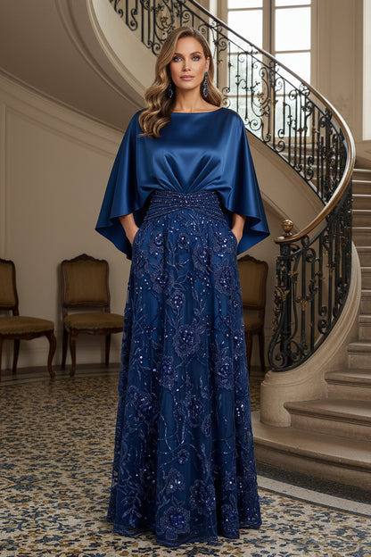 Capelet Evening Gown with Beaded Floral Skirt