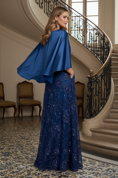 Capelet Evening Gown with Beaded Floral Skirt