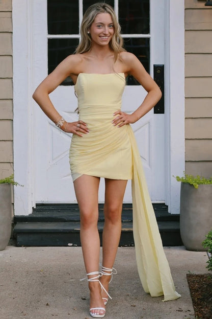 Strapless Ruched Mini Dress with Cascading Side Drape