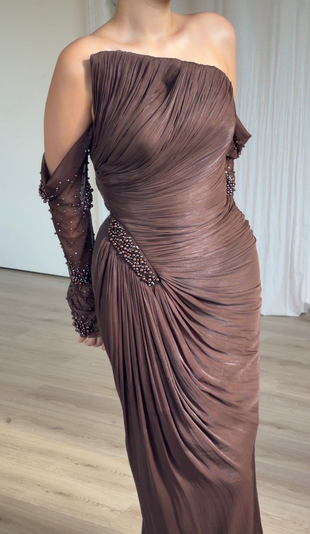 Pleated Asymmetrical Gown with Beaded Hip Accent
