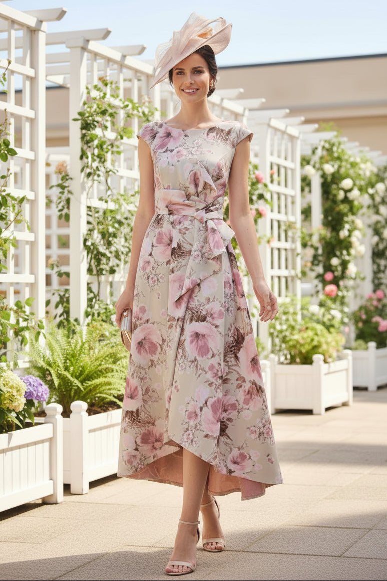 Floral Print Hi-Low A-Line Mother of the Bride Dress with Fascinator Hat