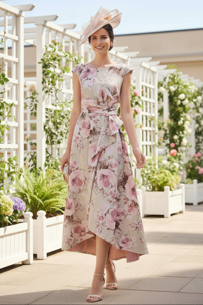 Floral Print Hi-Low A-Line Mother of the Bride Dress with Fascinator Hat