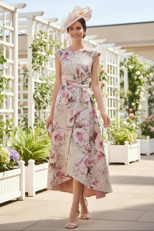Floral Print Hi-Low A-Line Mother of the Bride Dress with Fascinator Hat