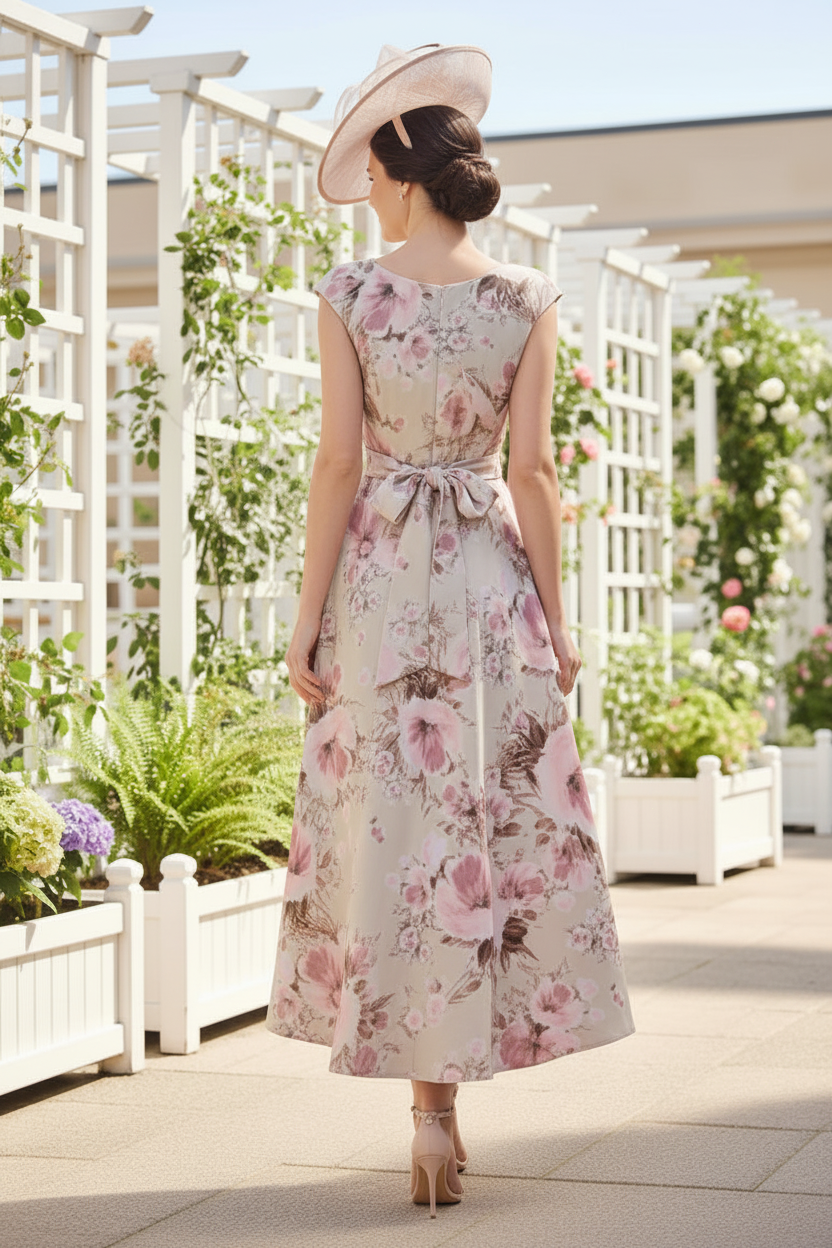 Floral Print Hi-Low A-Line Mother of the Bride Dress with Fascinator Hat