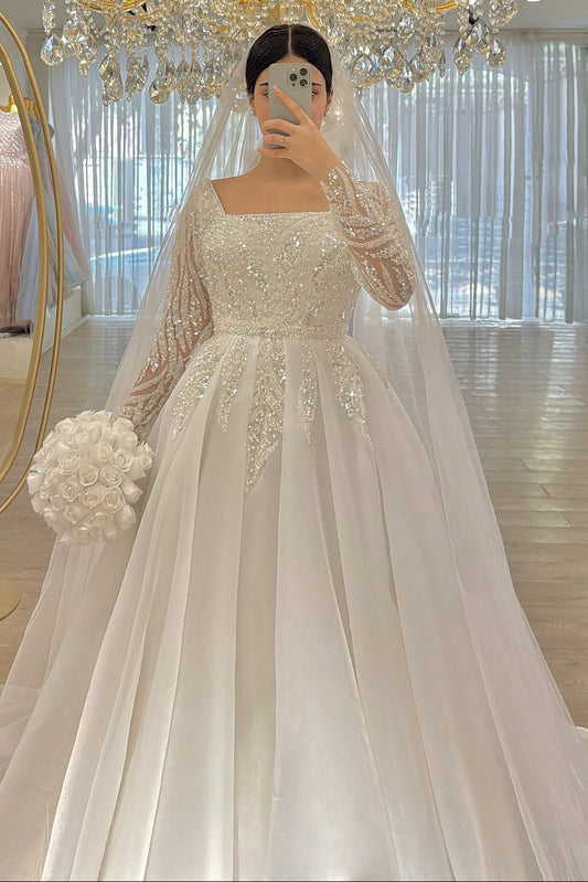 Square Neck Long Sleeve Beaded Ball Gown Wedding Dress