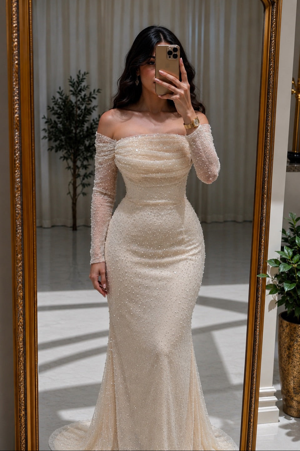 Off-Shoulder Ruched Pearl Embellished Maxi Gown