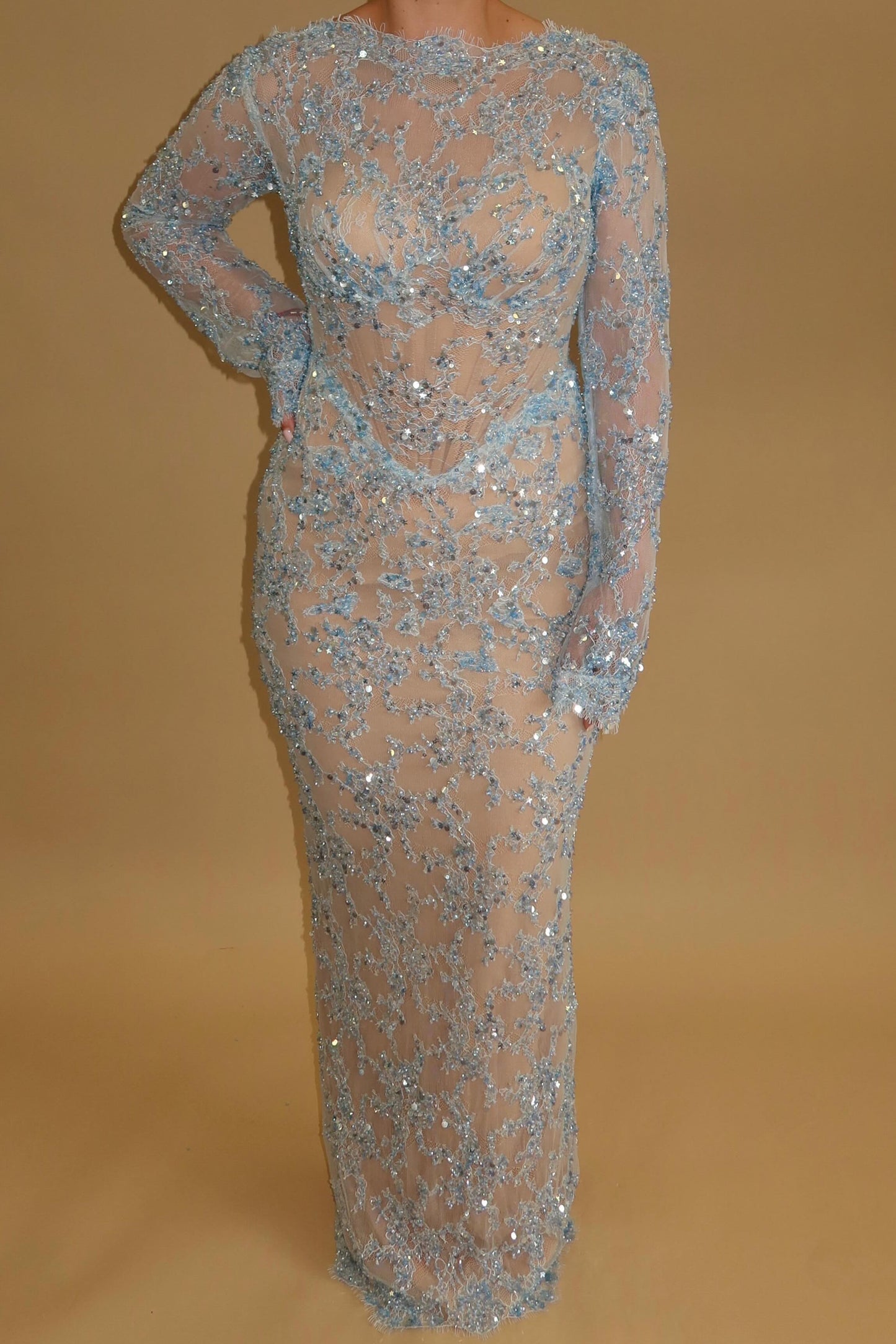 Sequin Lace Long Sleeve Column Evening Gown