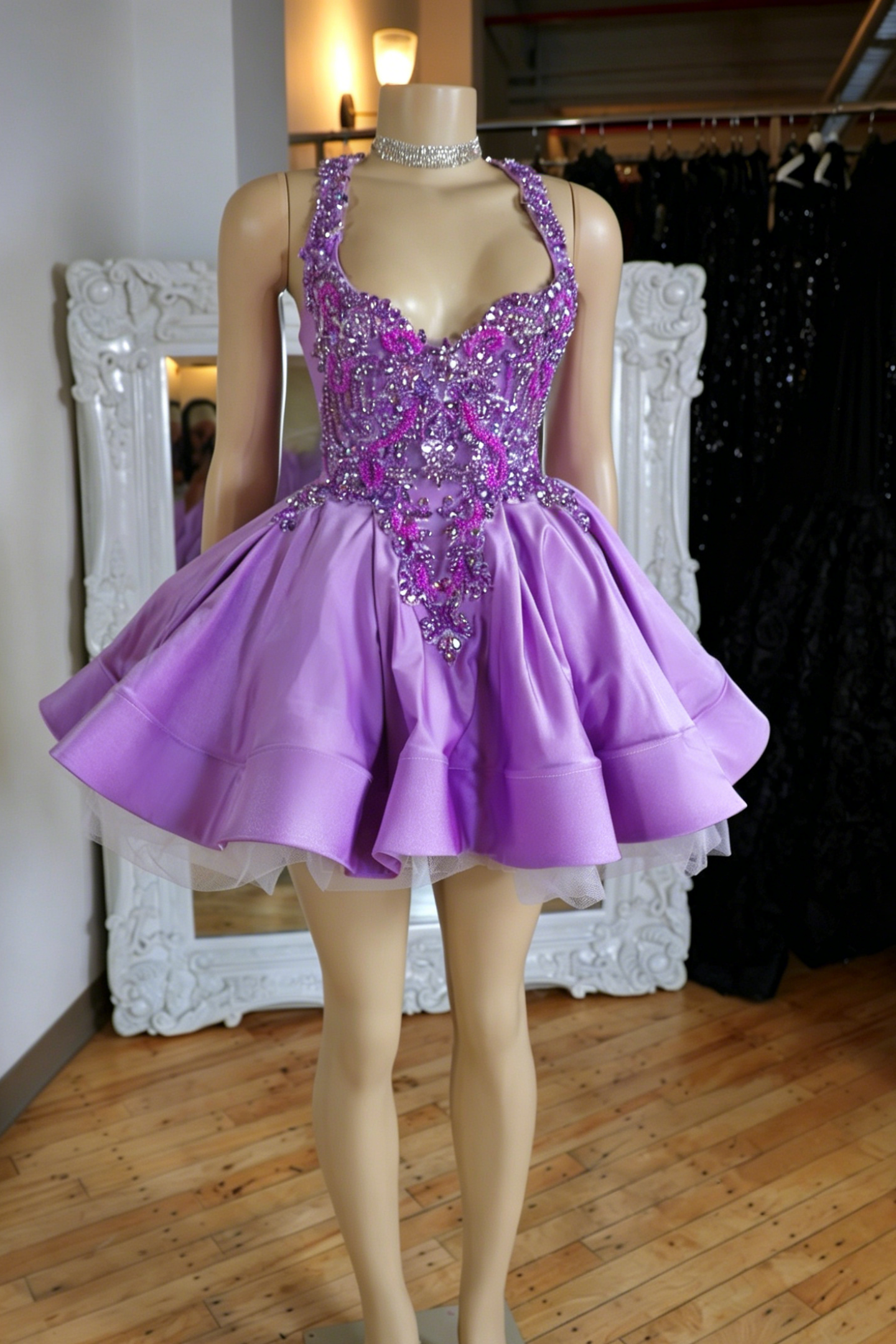 Crystal Beaded Halter Mini Dress with Full Skirt