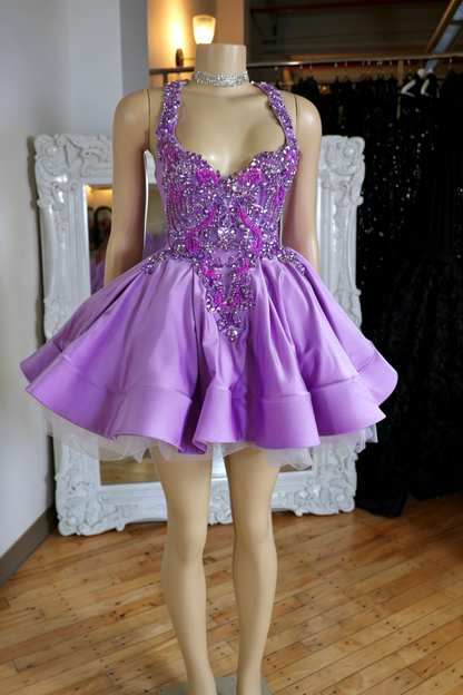 Crystal Beaded Halter Mini Dress with Full Skirt