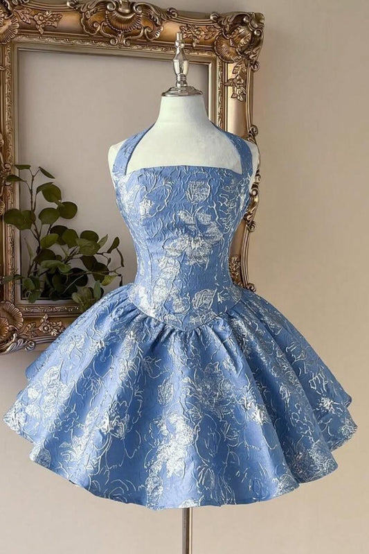 Jacquard Halter Mini Dress with Corset Bodice